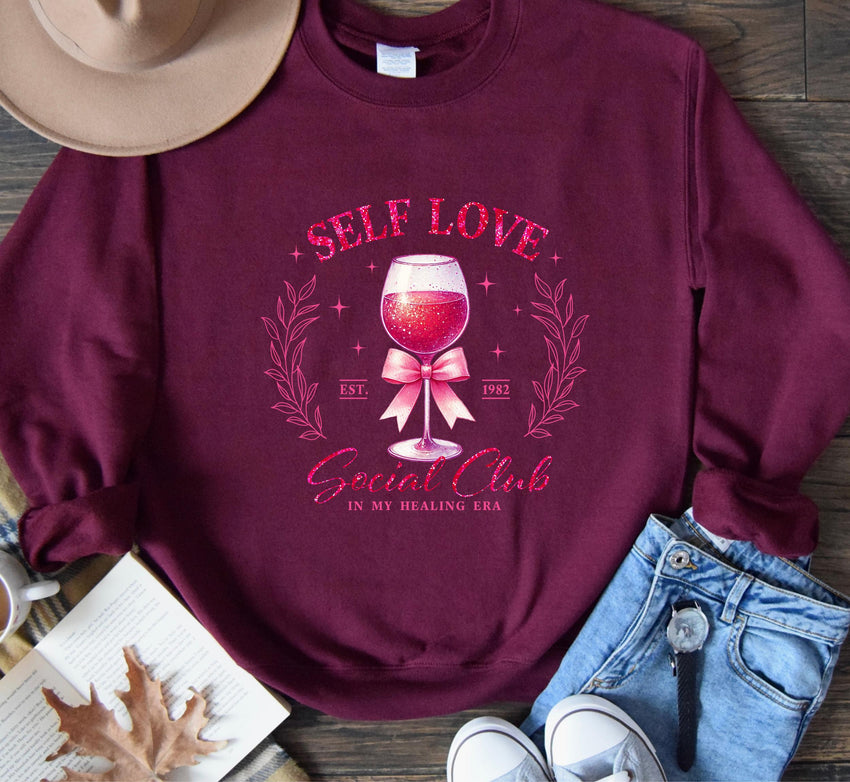 Wine Coquette Sweater, Social Club Shirt, Self Love Social Club Crewneck, In My Healing Era Jumper, Gift for Bachelorettes on Valentines Day