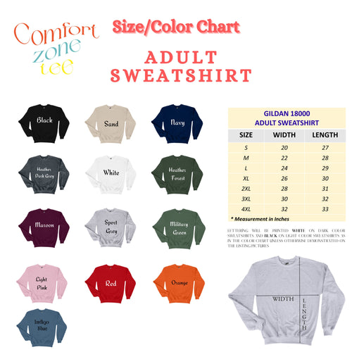 the color / size chart for a youth&#39;s sweatshirt