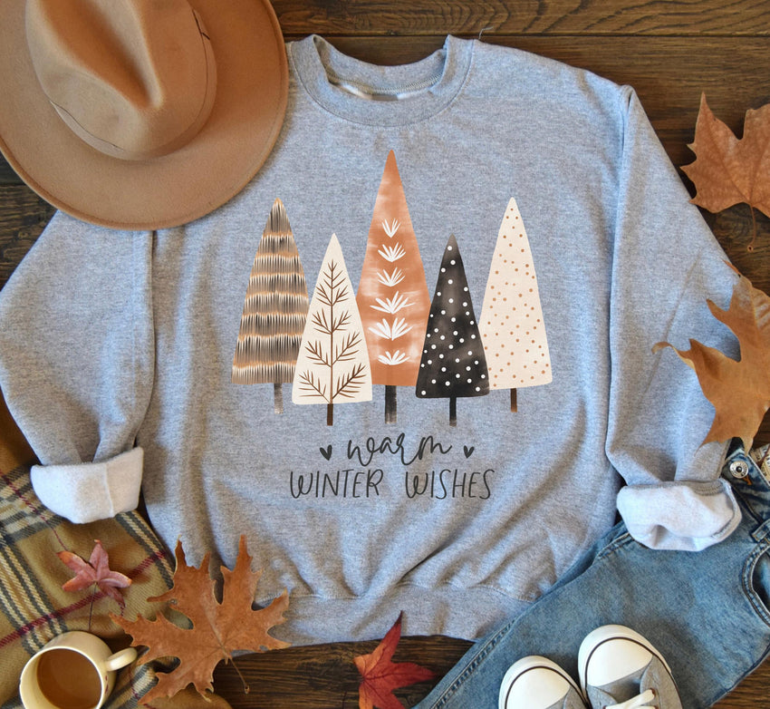 Warm Winter Wishes Sweat, Christmas Tree Sweatshirt, Christmas Crewneck Sweatshirt, Holiday Sweatshirt, Winter Lover Xmas Party Gift