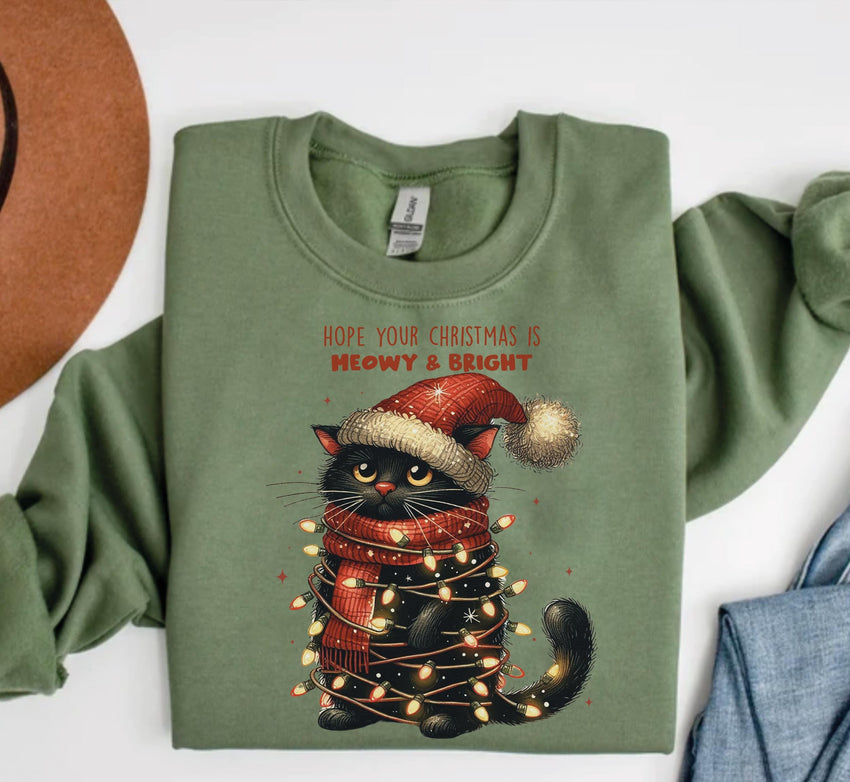 Hope Your Christmas Is Meowy and Bright Sweatshirt, Merry Christmas Cat Shirt, Christmas Black Cat Hoodie, Christmas Lights Sweater