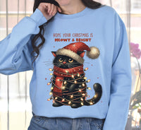 Hope Your Christmas Is Meowy and Bright Sweatshirt, Merry Christmas Cat Shirt, Christmas Black Cat Hoodie, Christmas Lights Sweater