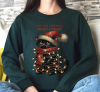 Hope Your Christmas Is Meowy and Bright Sweatshirt, Merry Christmas Cat Shirt, Christmas Black Cat Hoodie, Christmas Lights Sweater