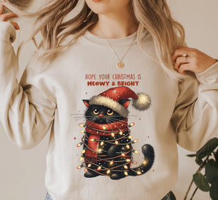 Hope Your Christmas Is Meowy and Bright Sweatshirt, Merry Christmas Cat Shirt, Christmas Black Cat Hoodie, Christmas Lights Sweater