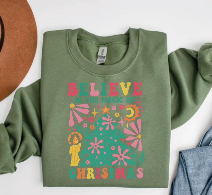 Believe in the Magic of Christmas Sweat, Vintage Christmas Tree Sweat, Christmas Sweatshirts for Women, Merry Christmas Sweatshirt