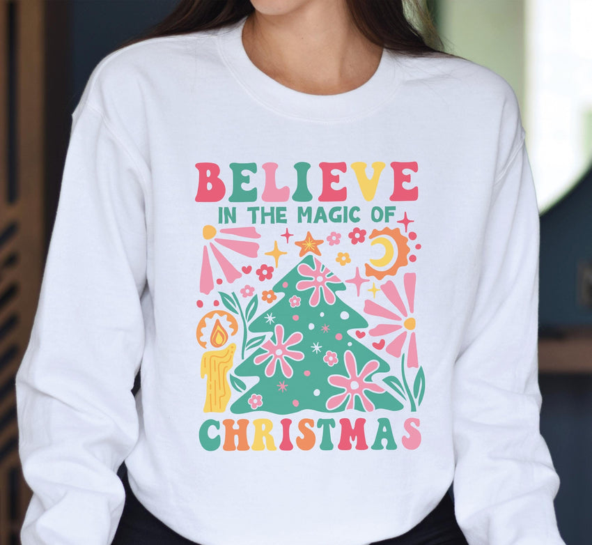 Believe in the Magic of Christmas Sweat, Vintage Christmas Tree Sweat, Christmas Sweatshirts for Women, Merry Christmas Sweatshirt