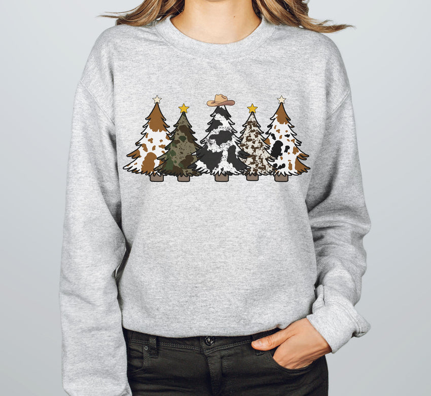 Cow Print Christmas Tree Sweatshirt, Farmhouse Country Christmas Pullover, Cattle Cowgirl Holiday Crewneck, Western Christmas Graphic Top