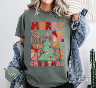 Boho Merry Christmas Shirt, Comfort Colors Shirt, Boho Flowers Shirt, Christmas Party Shirt, Family Christmas Shirt, Christmas Retro Shirt