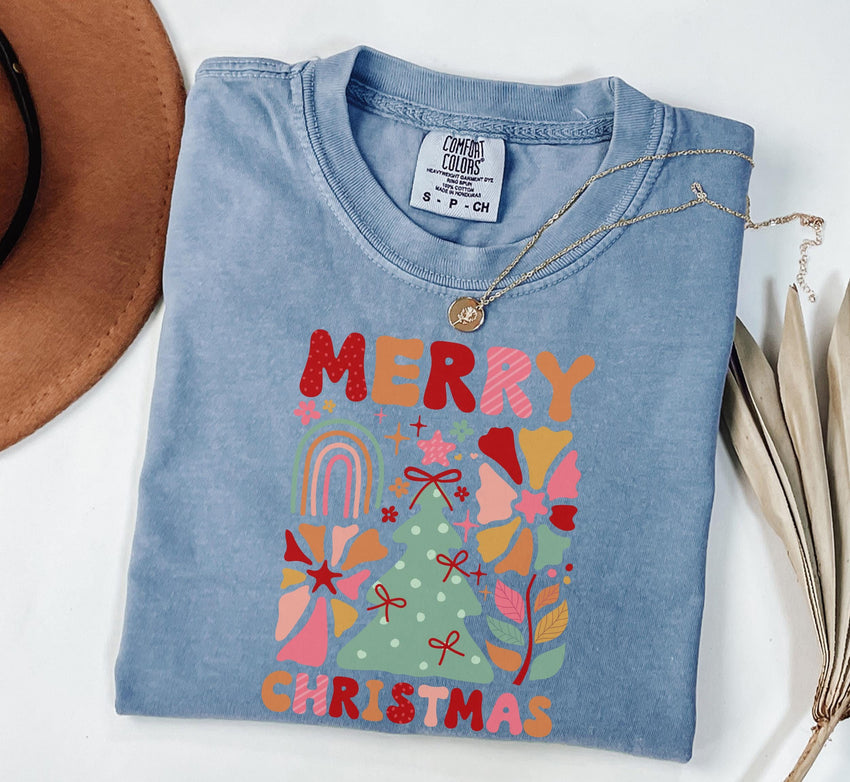 Boho Merry Christmas Shirt, Comfort Colors Shirt, Boho Flowers Shirt, Christmas Party Shirt, Family Christmas Shirt, Christmas Retro Shirt