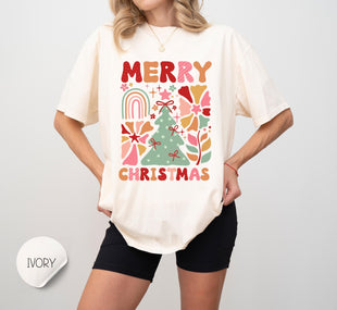 Boho Merry Christmas Shirt, Comfort Colors Shirt, Boho Flowers Shirt, Christmas Party Shirt, Family Christmas Shirt, Christmas Retro Shirt