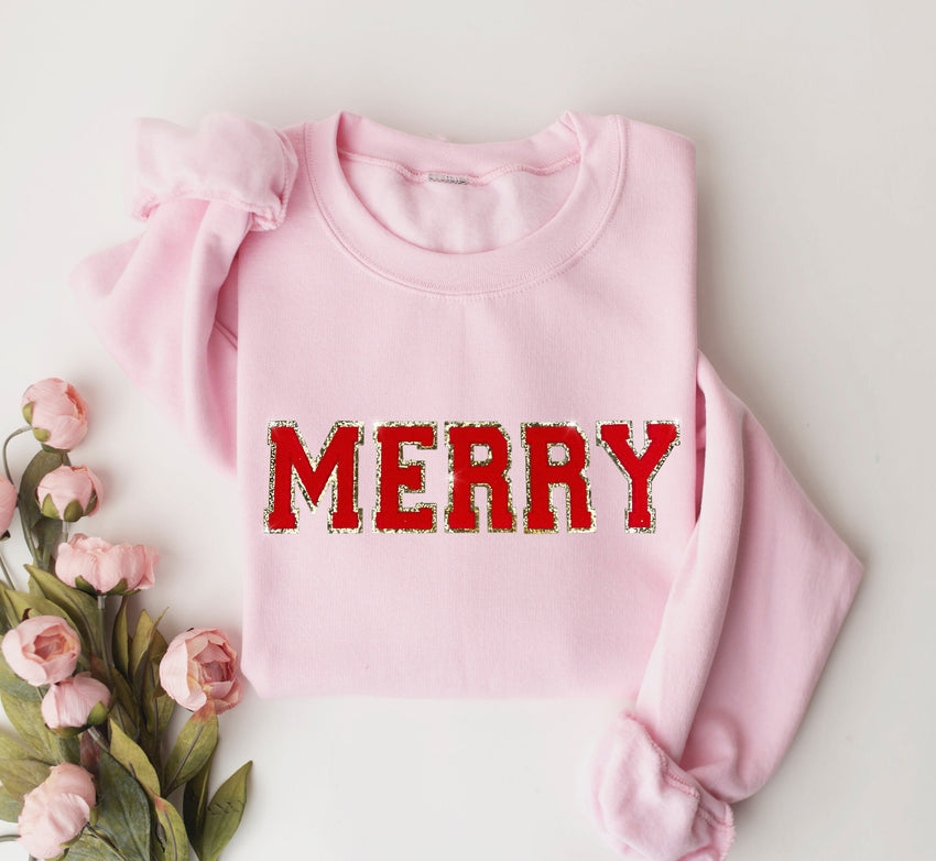 Merry Chenille Patch Sweatshirt, Christmas Gift, Holiday Sweater, Retro Christmas Shirt, Christmas Sweatshirt for Woman