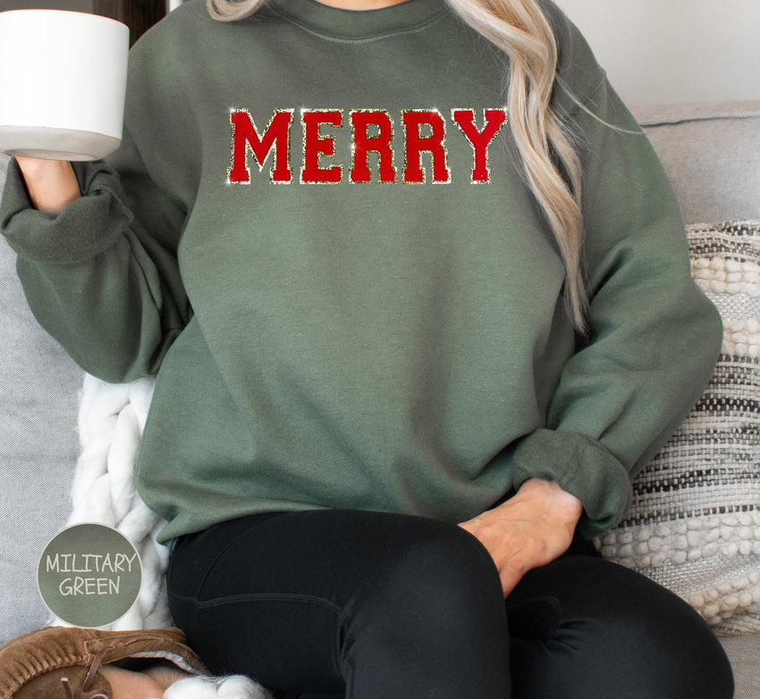 Merry Chenille Patch Sweatshirt, Christmas Gift, Holiday Sweater, Retro Christmas Shirt, Christmas Sweatshirt for Woman