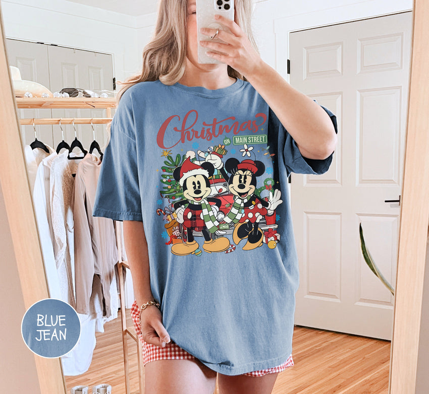 Vintage Mickey Minnie Disney Christmas On Main Street Shirt, Retro Disney Christmas Shirt, Mickey's Christmas Party 2024 Matching Shirt