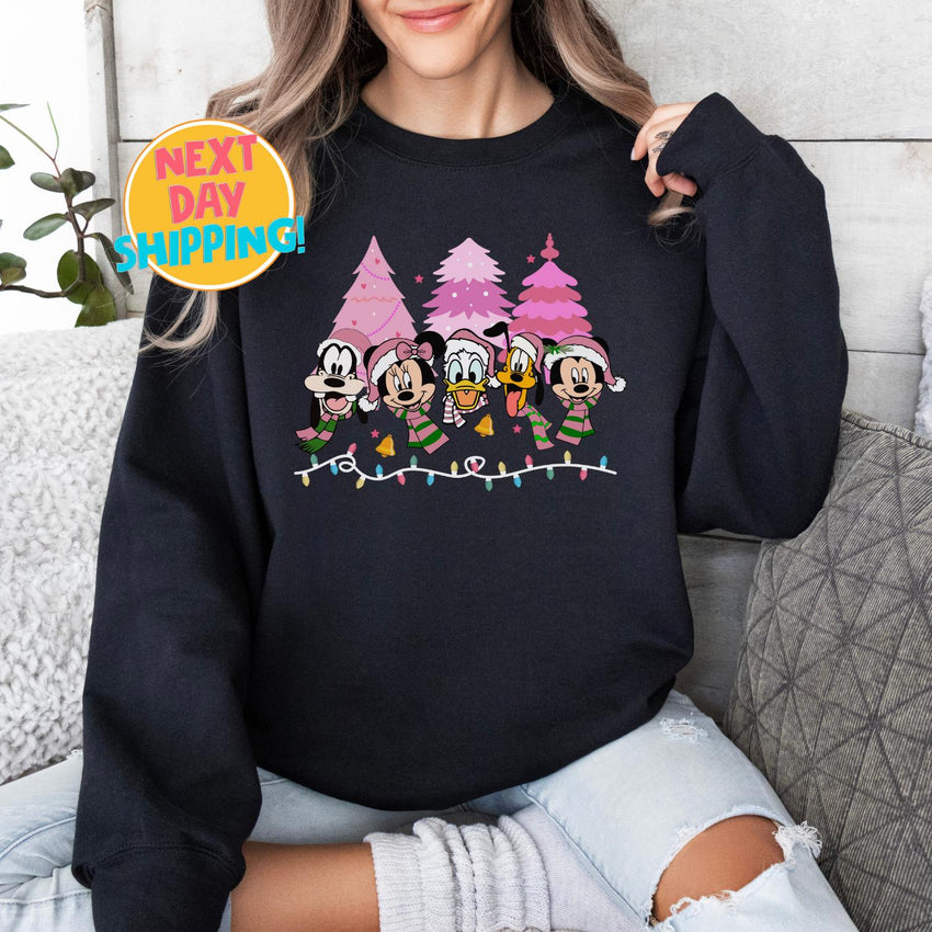 Mickey and Friends Christmas Sweatshirt, Mickey's Very Merry Christmas, Pink Christmas tree Sweatshirt, Vintage Mickey And Friends Christmas