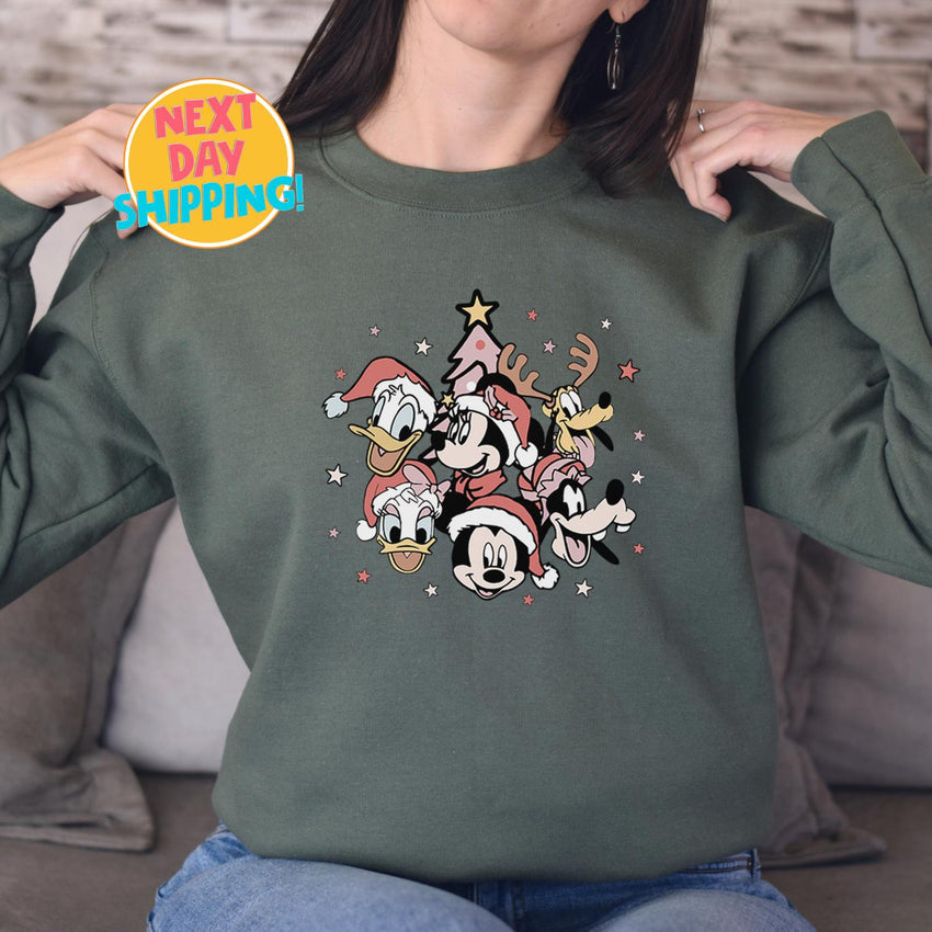 Retro Mickey and friends Disney Christmas shirt, Pink Christmas tree Sweatshirt, Very merry Christmas,Vintage Christmas Sweater