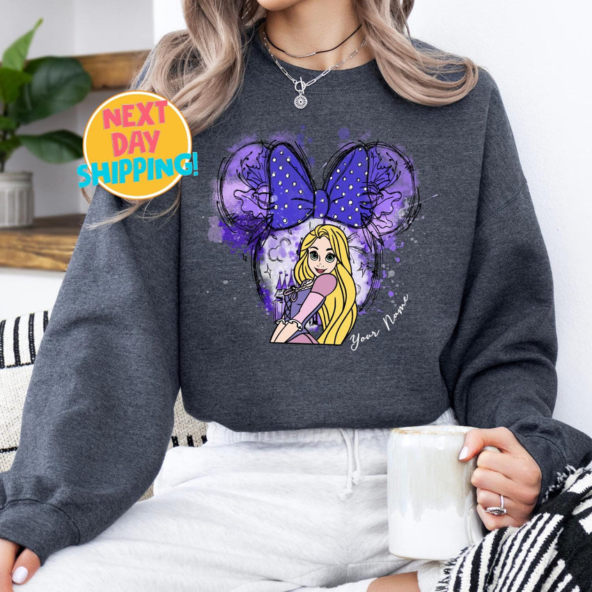 Custom Disney Princess Minnie Ears Sweatshirt, Custom Princess Bow Tee, Snow White Ariel Elsa Jasmine Cinderella Belle Rapunzel Tiana Shirt