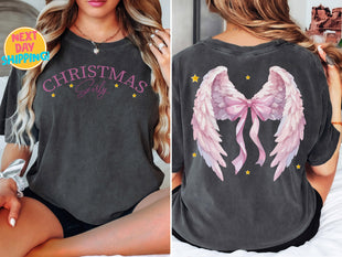 Christmas Girly Angel Wings Comfort Colors , Cute Holiday Tee for Women, Festive Christmas Graphic Shirt, Trendy Xmas Gift for Her