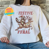 Festive But Feral Sweatshirt, Funny Christmas Raccoon Holiday Sweater, Wild and Festive Reindeer, Quirky Holiday Animal Shirt