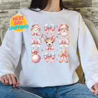 Cute Christmas Sweatshirt for Women, Kawaii Holiday Crewneck with Santa, Pink Christmas Shirt, Gingerbread, Pastel Christmas Sweatshirt Gift