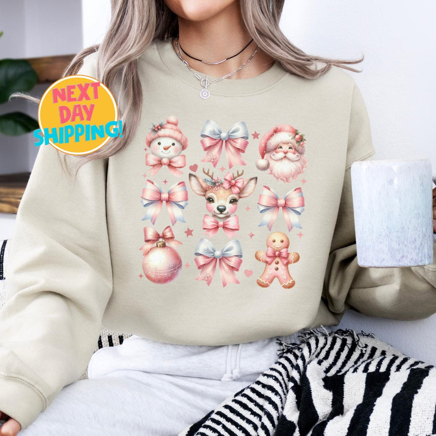 Cute Christmas Sweatshirt for Women, Kawaii Holiday Crewneck with Santa, Pink Christmas Shirt, Gingerbread, Pastel Christmas Sweatshirt Gift