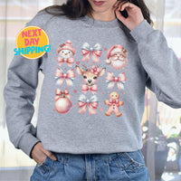 Cute Christmas Sweatshirt for Women, Kawaii Holiday Crewneck with Santa, Pink Christmas Shirt, Gingerbread, Pastel Christmas Sweatshirt Gift