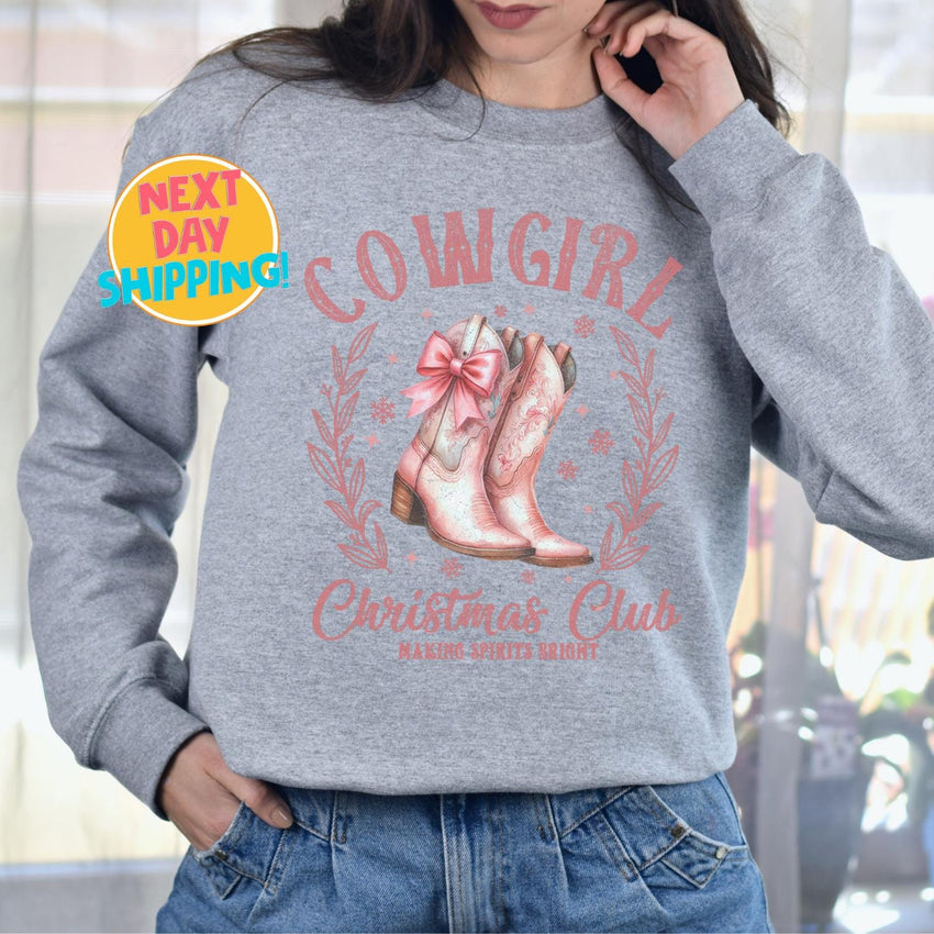 Cowgirl Christmas Club Sweatshirt, Western Holiday Shirt, Pink Boots Christmas Graphic, Country Christmas Sweater for Women, Merry Christmas