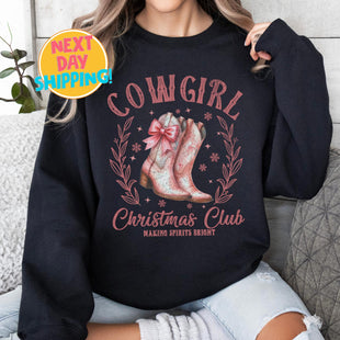 Cowgirl Christmas Club Sweatshirt, Western Holiday Shirt, Pink Boots Christmas Graphic, Country Christmas Sweater for Women, Merry Christmas