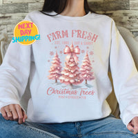 Vintage Farm Fresh Christmas Trees Sweatshirt, Retro Pink Tree Holiday Sweater, Pine Spruce Fir Christmas Graphic Shirt, Cozy Winter Outfit