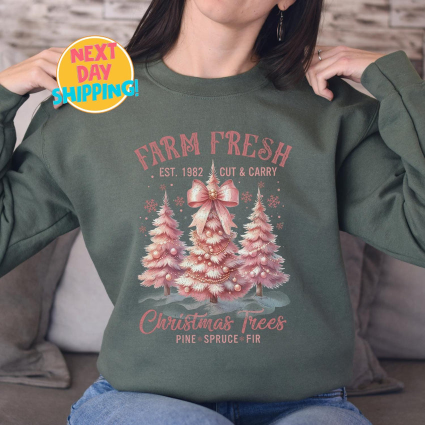 Vintage Farm Fresh Christmas Trees Sweatshirt, Retro Pink Tree Holiday Sweater, Pine Spruce Fir Christmas Graphic Shirt, Cozy Winter Outfit