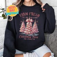 Vintage Farm Fresh Christmas Trees Sweatshirt, Retro Pink Tree Holiday Sweater, Pine Spruce Fir Christmas Graphic Shirt, Cozy Winter Outfit