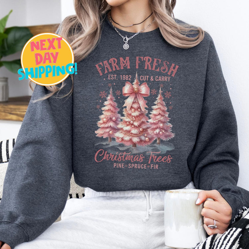 Vintage Farm Fresh Christmas Trees Sweatshirt, Retro Pink Tree Holiday Sweater, Pine Spruce Fir Christmas Graphic Shirt, Cozy Winter Outfit