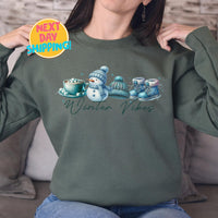 Winter Vibes Cozy Sweatshirt, Cute Winter Snowman Graphic Shirt, Warm Holiday Sweater, Hot Cocoa and Beanie Print, Winter Fashion