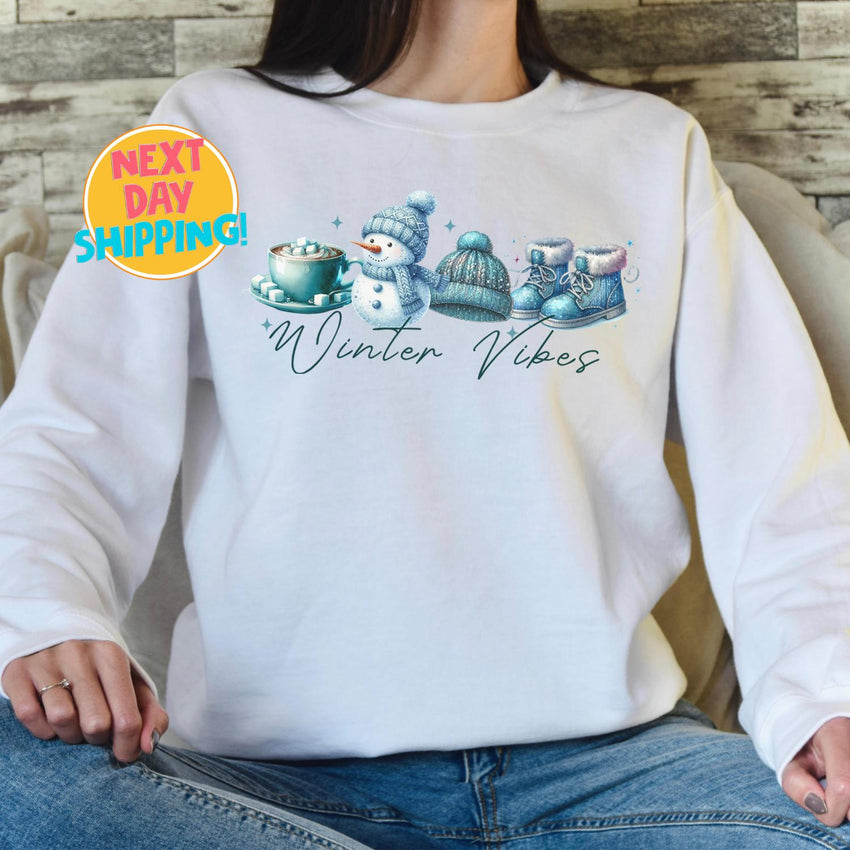 Winter Vibes Cozy Sweatshirt, Cute Winter Snowman Graphic Shirt, Warm Holiday Sweater, Hot Cocoa and Beanie Print, Winter Fashion