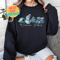 Winter Vibes Cozy Sweatshirt, Cute Winter Snowman Graphic Shirt, Warm Holiday Sweater, Hot Cocoa and Beanie Print, Winter Fashion