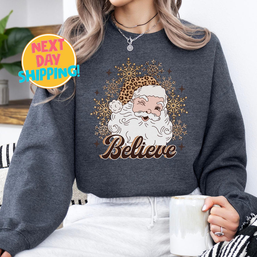 Believe Leopard Santa Sweatshirt, Retro Christmas Graphic Sweater, Holiday Santa Shirt, Cute Leopard Print Santa Top Cozy Christmas Pullover