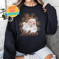 Believe Leopard Santa Sweatshirt, Retro Christmas Graphic Sweater, Holiday Santa Shirt, Cute Leopard Print Santa Top Cozy Christmas Pullover