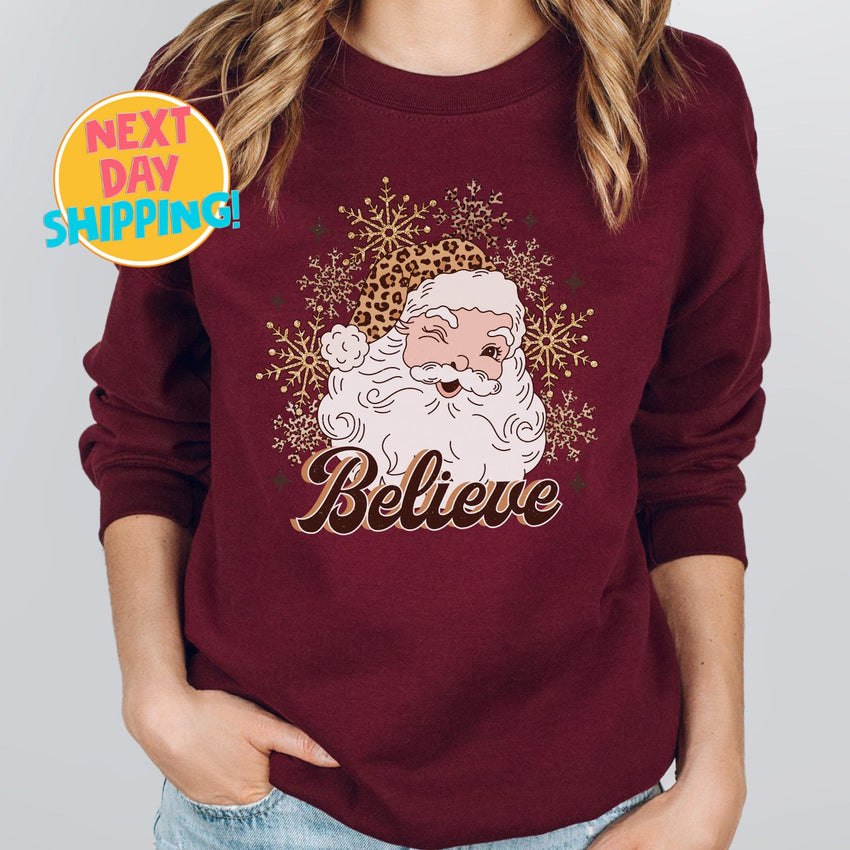 Believe Leopard Santa Sweatshirt, Retro Christmas Graphic Sweater, Holiday Santa Shirt, Cute Leopard Print Santa Top Cozy Christmas Pullover