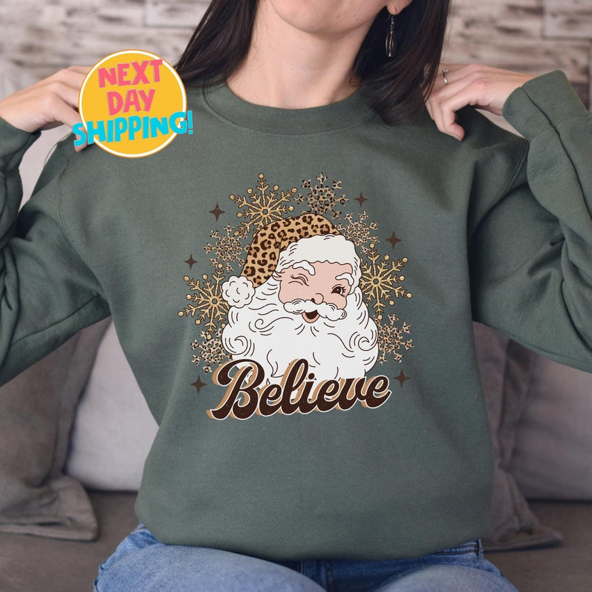 Believe Leopard Santa Sweatshirt, Retro Christmas Graphic Sweater, Holiday Santa Shirt, Cute Leopard Print Santa Top Cozy Christmas Pullover