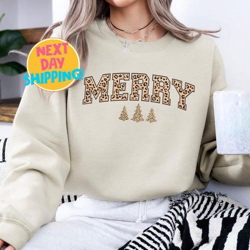 Leopard Merry Christmas Sweatshirt, Vintage Christmas Tree Shirt, Christmas Gifts Christmas Sweatshirts for Women Merry Christmas Sweatshirt