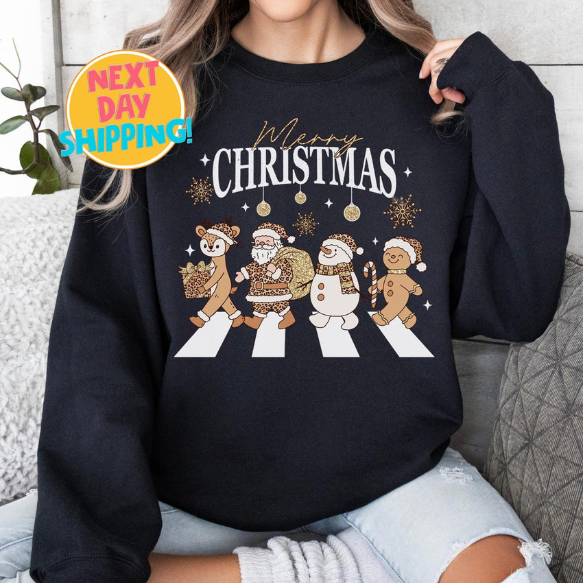 Cute Christmas Characters Sweatshirt, Holiday Xmas Gift, Merry Christmas,  Leopard Santa Sweatshirt, Retro Christmas Shirt, Gift for Woman