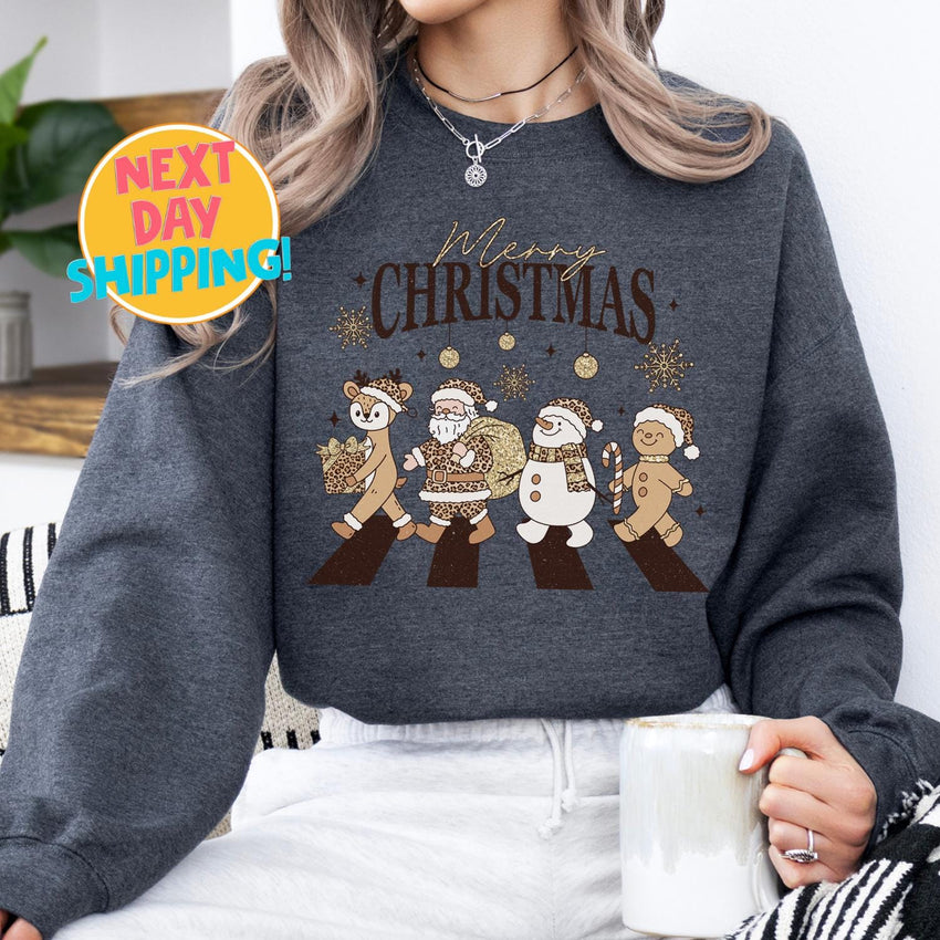 Cute Christmas Characters Sweatshirt, Holiday Xmas Gift, Merry Christmas,  Leopard Santa Sweatshirt, Retro Christmas Shirt, Gift for Woman