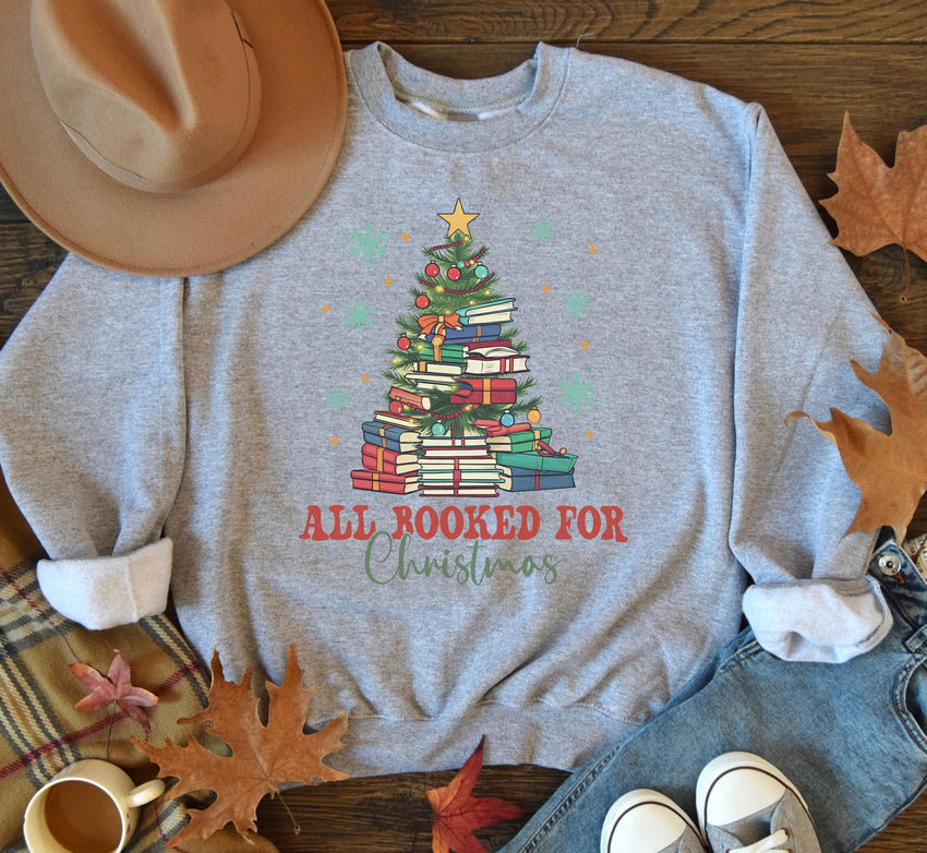 All Booked For Christmas Sweathirt, Book Lovers Christmas Gift, Bookworm Christmas Sweathirt, Christmas Book Tree Sweat, Gift for Librarian