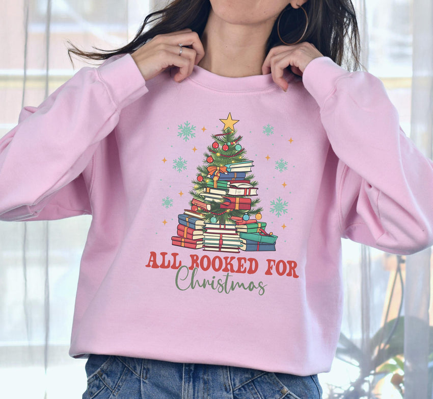 All Booked For Christmas Sweathirt, Book Lovers Christmas Gift, Bookworm Christmas Sweathirt, Christmas Book Tree Sweat, Gift for Librarian