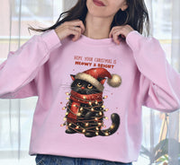 Hope Your Christmas Is Meowy and Bright Sweatshirt, Merry Christmas Cat Shirt, Christmas Black Cat Hoodie, Christmas Lights Sweater