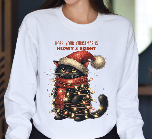 Hope Your Christmas Is Meowy and Bright Sweatshirt, Merry Christmas Cat Shirt, Christmas Black Cat Hoodie, Christmas Lights Sweater