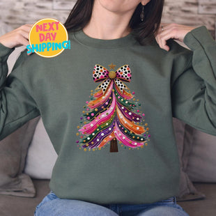 Colorful Christmas Tree Sweatshirt, Coquette Colorful Christmas Tree, Christmas Coquette Bow, Holiday Sweaters for Women, Christmas Gift