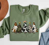 Cow Print Christmas Tree Sweatshirt, Farmhouse Country Christmas Pullover, Cattle Cowgirl Holiday Crewneck, Western Christmas Graphic Top