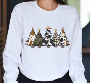 Cow Print Christmas Tree Sweatshirt, Farmhouse Country Christmas Pullover, Cattle Cowgirl Holiday Crewneck, Western Christmas Graphic Top