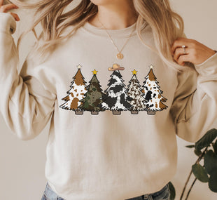 Cow Print Christmas Tree Sweatshirt, Farmhouse Country Christmas Pullover, Cattle Cowgirl Holiday Crewneck, Western Christmas Graphic Top