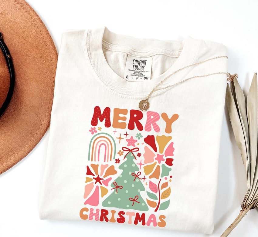 Boho Merry Christmas Shirt, Comfort Colors Shirt, Boho Flowers Shirt, Christmas Party Shirt, Family Christmas Shirt, Christmas Retro Shirt