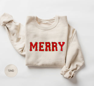 Merry Chenille Patch Sweatshirt, Christmas Gift, Holiday Sweater, Retro Christmas Shirt, Christmas Sweatshirt for Woman